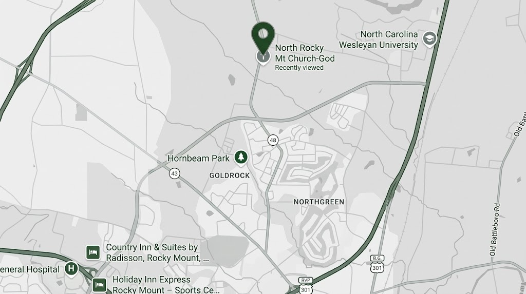 map of the location of North Rocky Mt Church of God in Rocky Mt, Nc